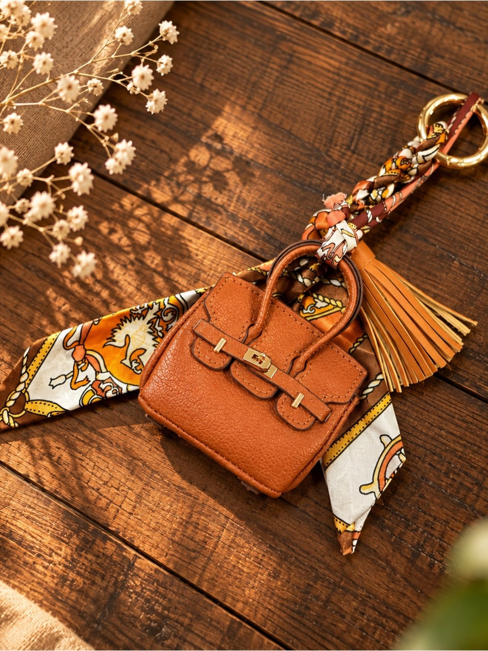 Brown Mini Handbag Bag Charm Keychain with Scarf & Tassel AirPods Holder – New